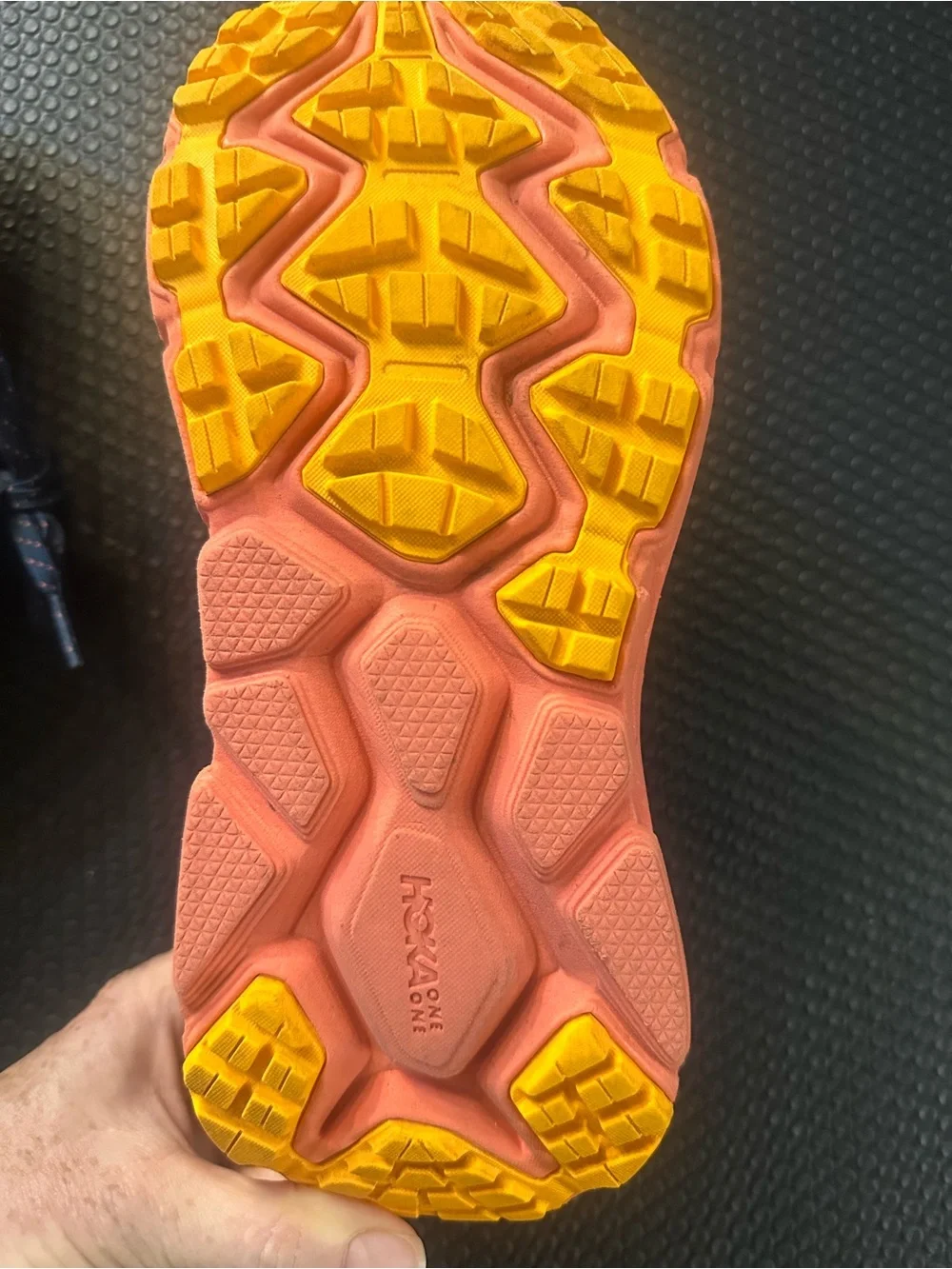 Hoka One One Challenger—Blue Trail Sneakers with Salmon and Yellow Soles